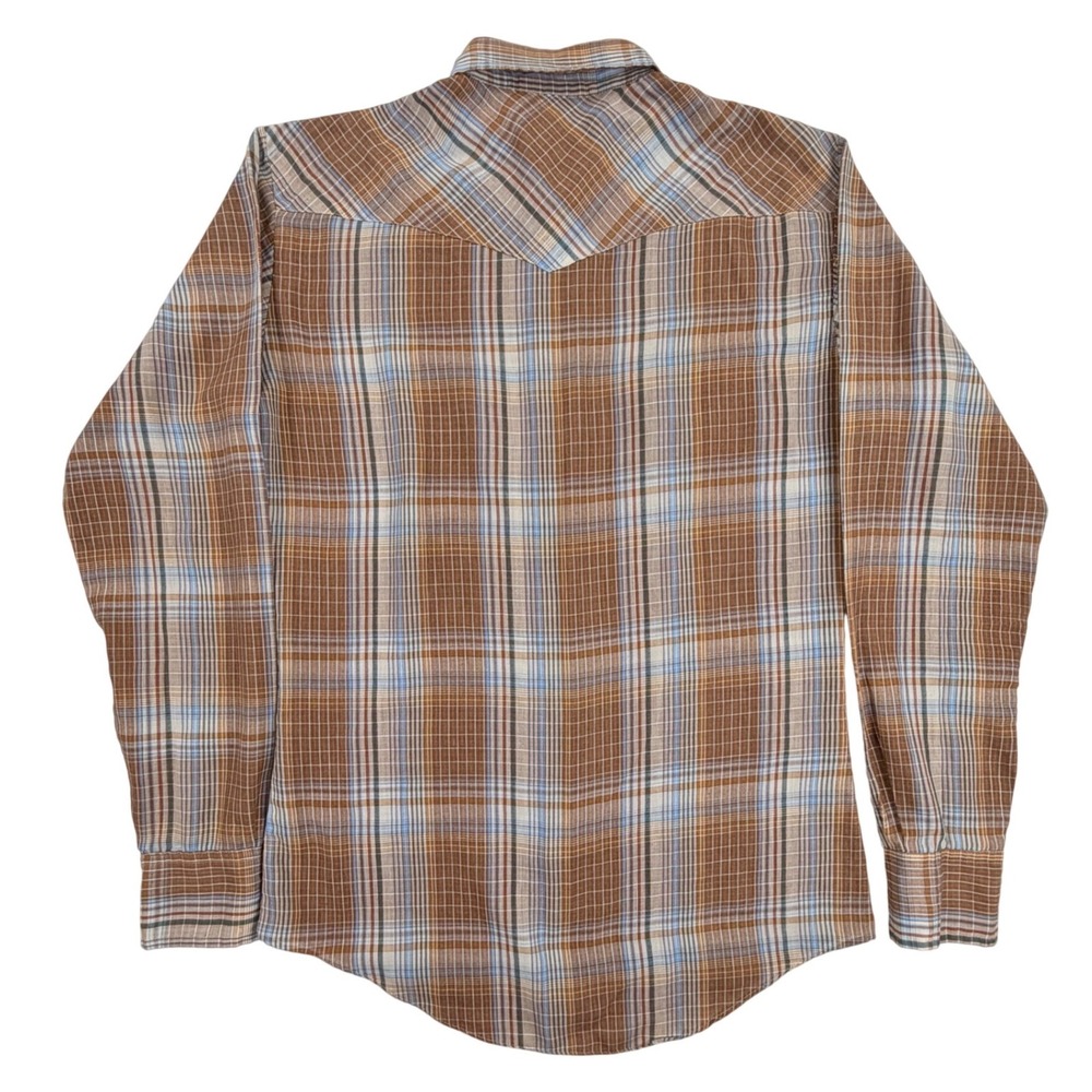 Saturdays California Western Pearl Snap Men SMALL Brown Plaid 70s 80s Vintage - Picture 2 of 9